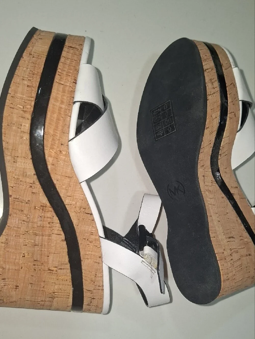 Michael Kors White and Black Leather Cross-Strap Wedge  Sandal - Women's